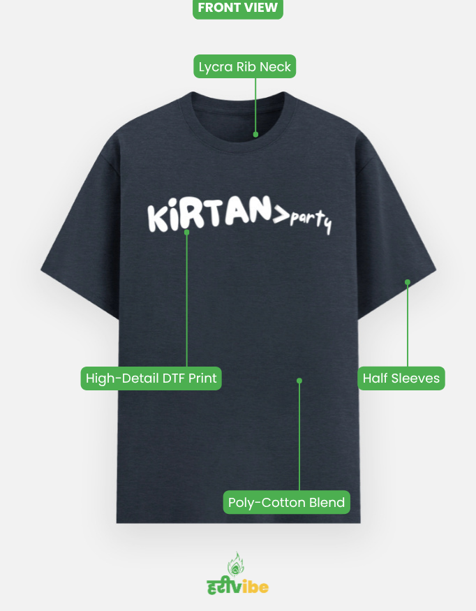Kirtan > Party | Unisex Classic Tee – Navy Melange | Bhakti T-shirt (Spiritual Streetwear)